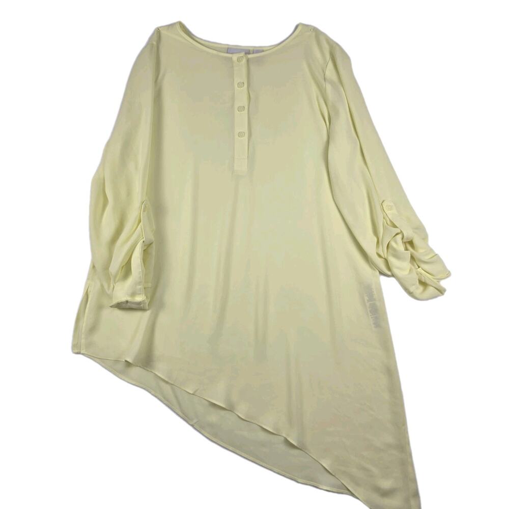 Chicos Women's Asymmetric Allure Sheer Citron Top Size 1 Roll Tab Sleeve